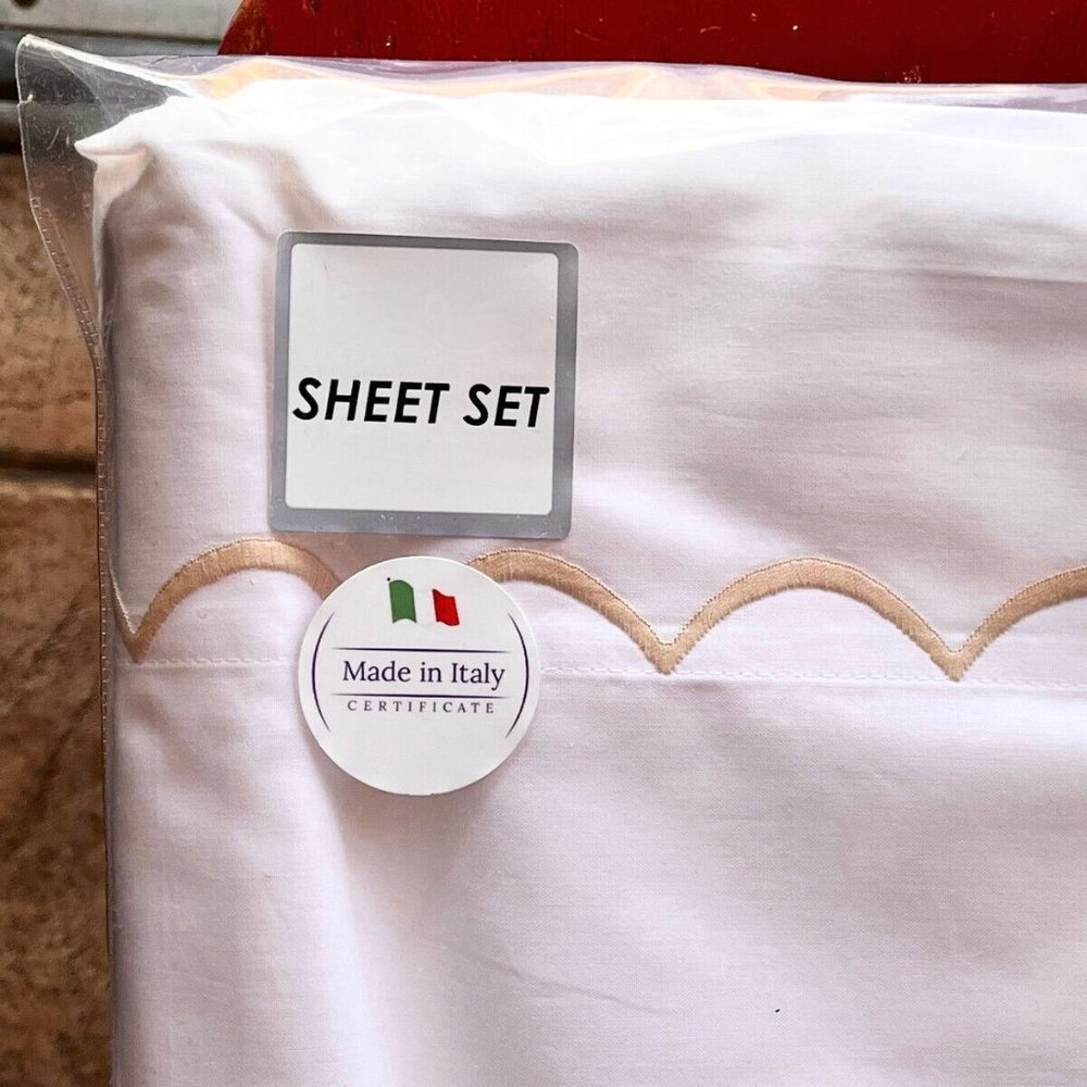 MAURIZIO Italy QUEEN Size Sheet Set GOLD Scalloped Embroidery - White ALL Cotton
